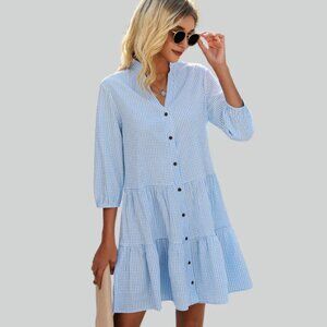 Beachsissi Women's Gingham V-Neck Blue Plaid Summer Sundress Small